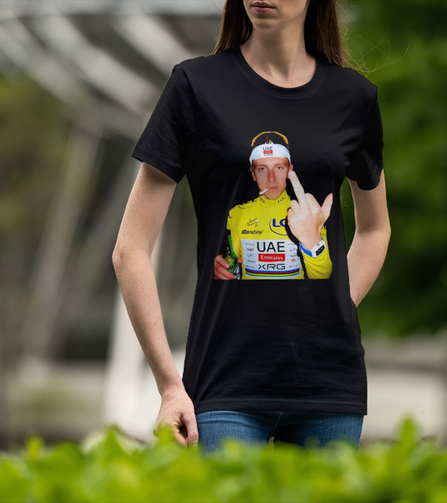Tadej Pogačar Yellow Jersey Middle Finger Tour De France UAE Emirates LCL Santini T-Shirt