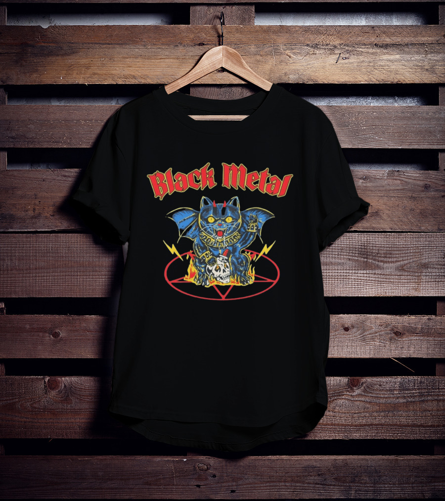 Black Metal Devil Cat Demon Wings Pentagram Fire Skull T-Shirt