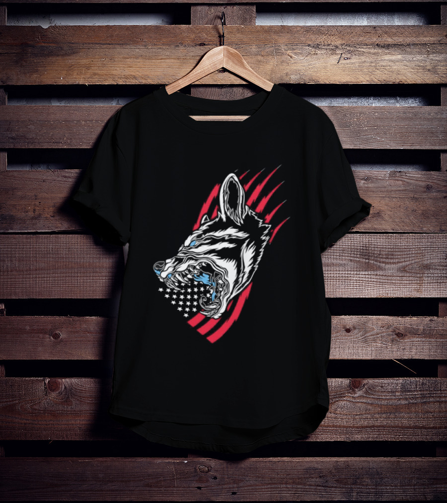 Wolf Snarling With Stars And Stripes American Flag T-Shirt
