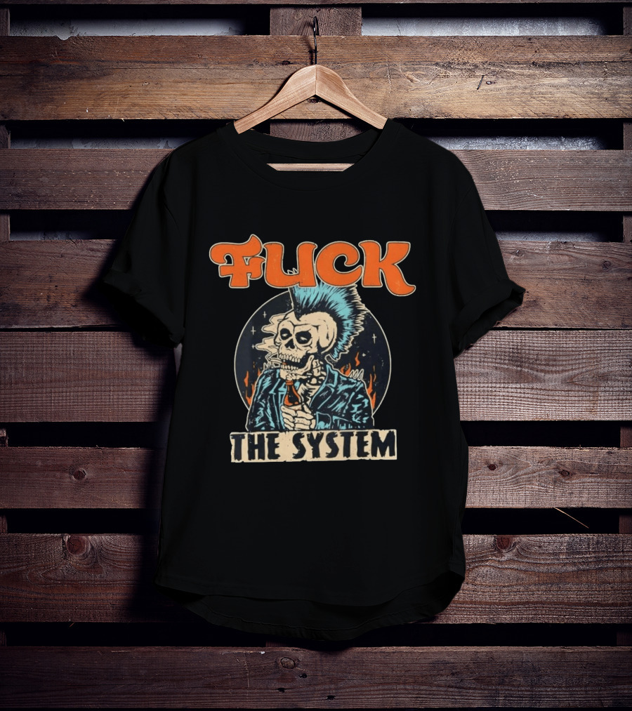 Fuck The System Punk Skeleton Smoking Beer Mohawk Jacket Spikes T-Shirt