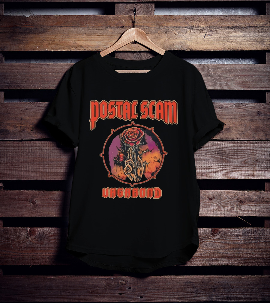 Postal Scam Vagabond Rose Skull Skeleton Hand Heavy Metal T-Shirt