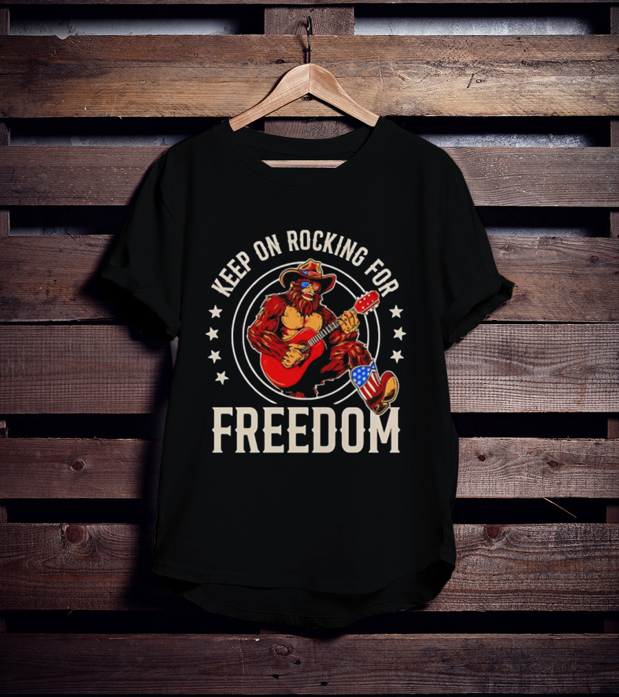 Keep On Rocking For Freedom Bigfoot Sasquatch American Flag Patriotic Guitar T-Shirt