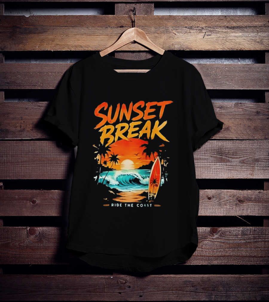 Sunset Break Surfing Ride The Coast Ocean Waves And Surfboard Scene T-Shirt