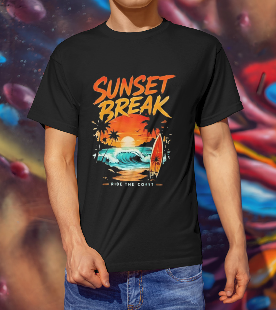 Sunset Break Surfing Ride The Coast Ocean Waves And Surfboard Scene T-Shirt