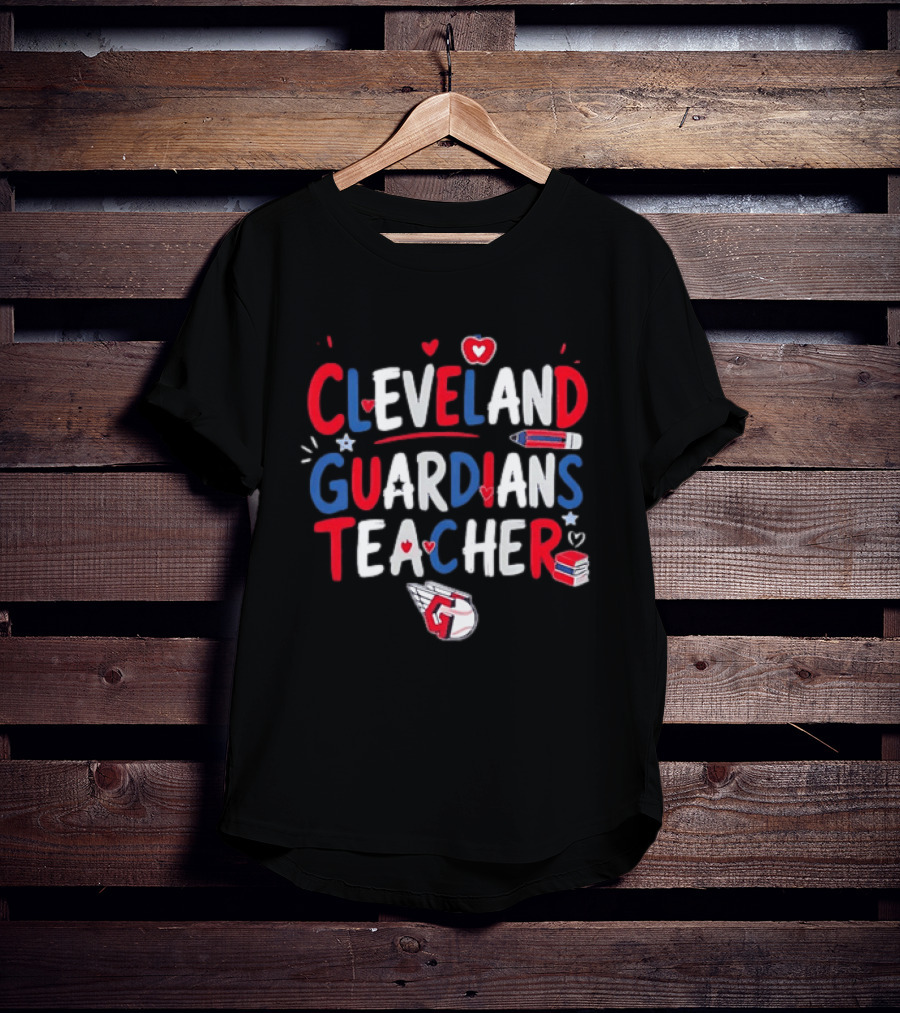 Cleveland Guardians Teacher Apple Pencil Baseball Heart Stars T-Shirt
