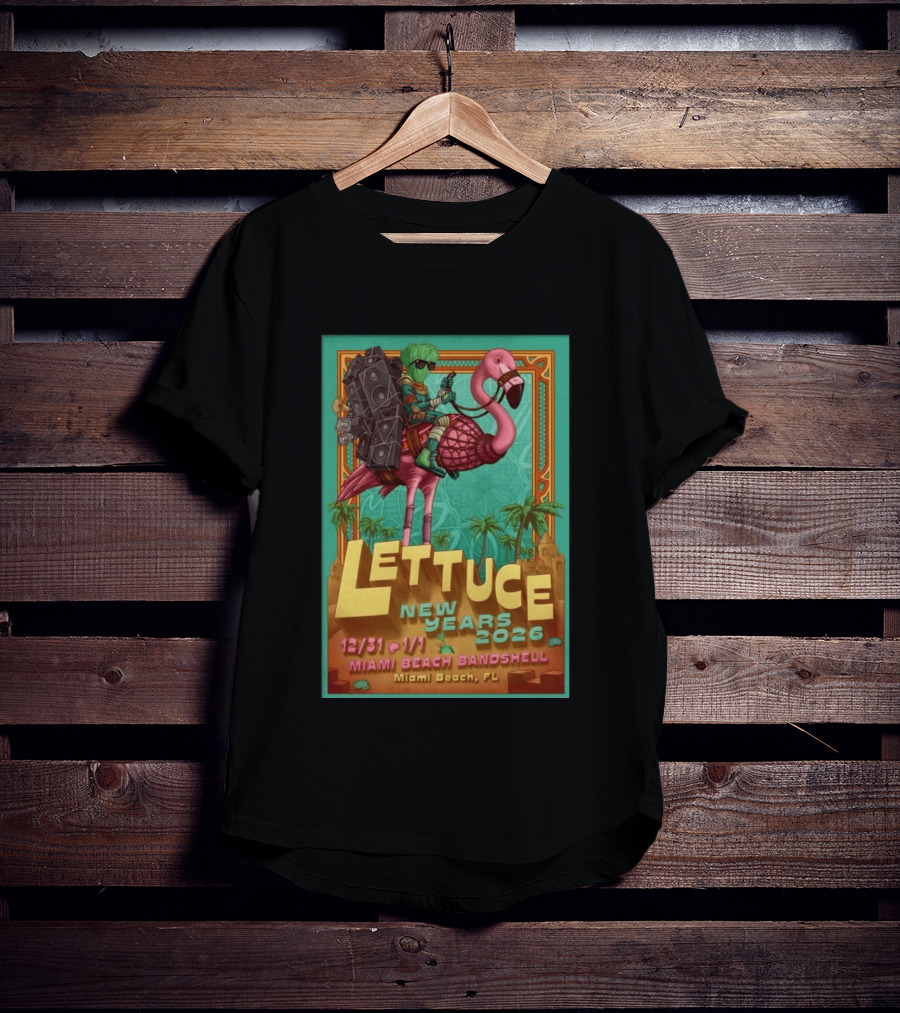 Lettuce New Years 2026 Miami Beach Bandshell Miami Beach FL With Sunglasses Flamingo And Speakers T-Shirt