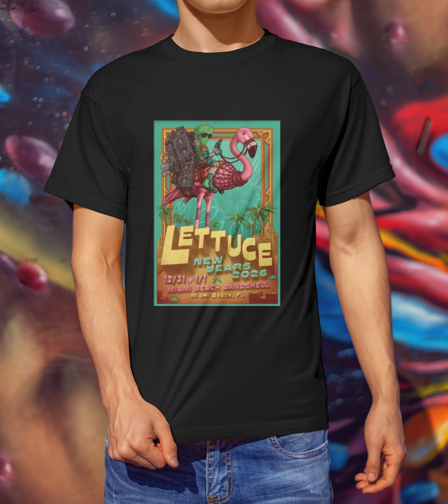 Lettuce New Years 2026 Miami Beach Bandshell Miami Beach FL With Sunglasses Flamingo And Speakers T-Shirt