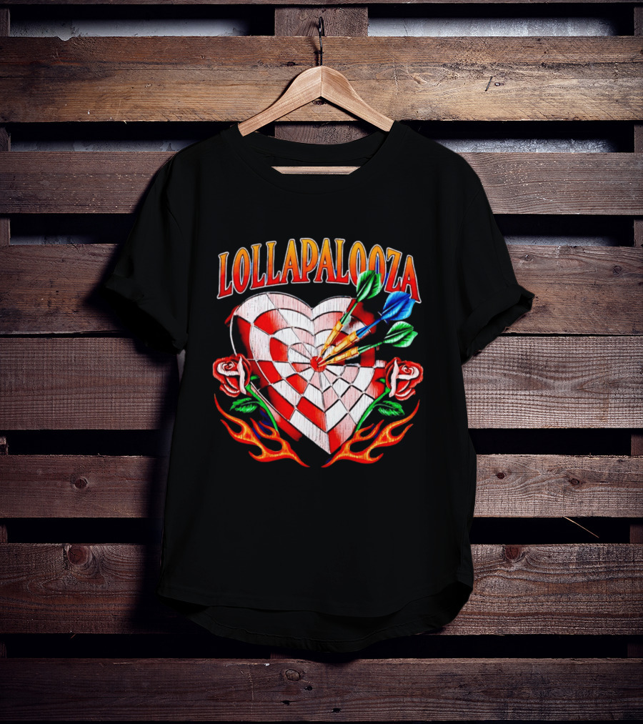 Lollapalooza Heart Dartboard With Roses And Flames T-Shirt