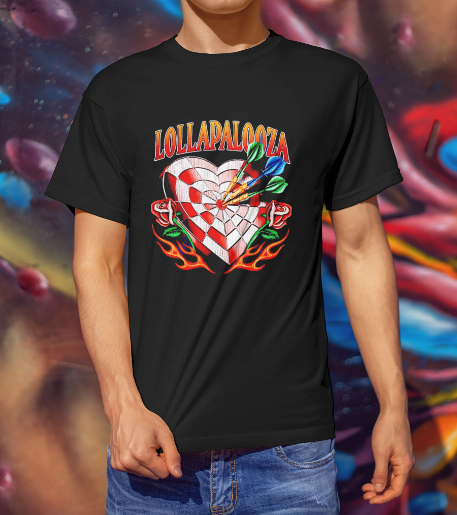 Lollapalooza Heart Dartboard With Roses And Flames T-Shirt