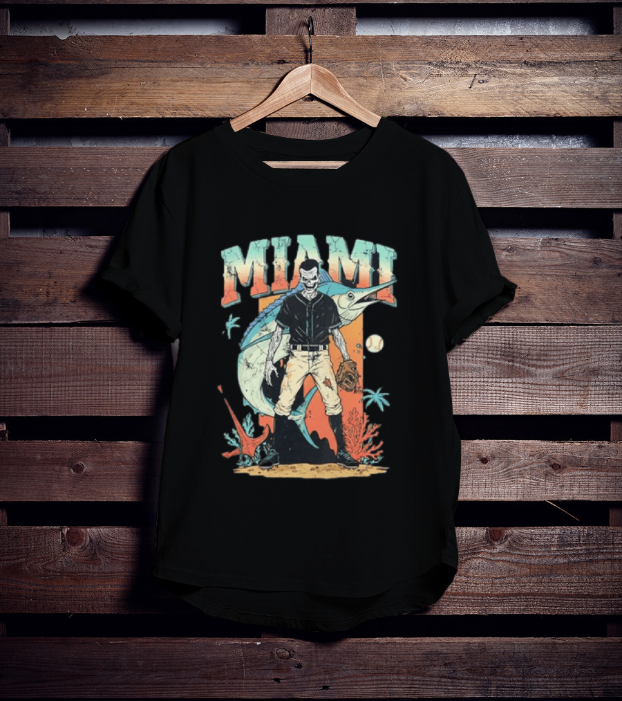Miami Marlins Skeleton Baseball Player With Marlin And Tropical Vibes T-Shirt