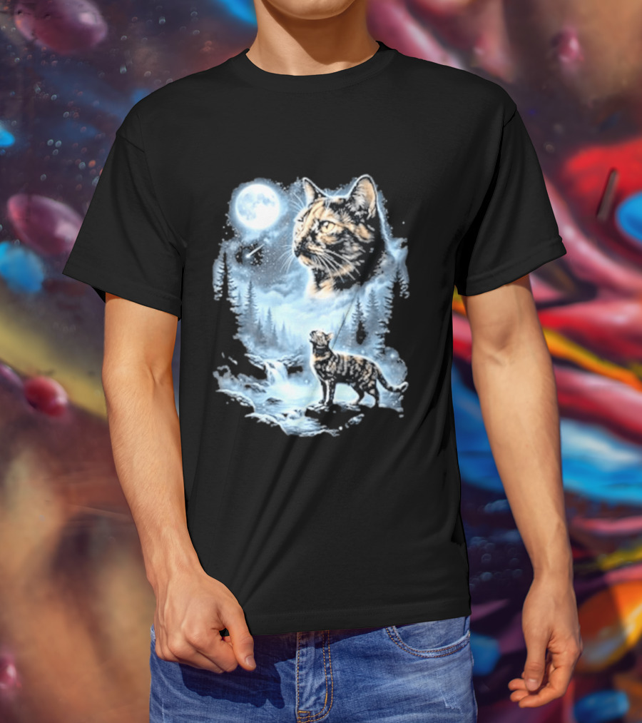 Tabby Cat Howling To The Moon Halloween Forest Scene T-Shirt