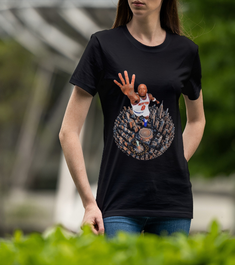 New York Basketball Player Over Cityscape Statue At Madison Square Garden T-Shirt