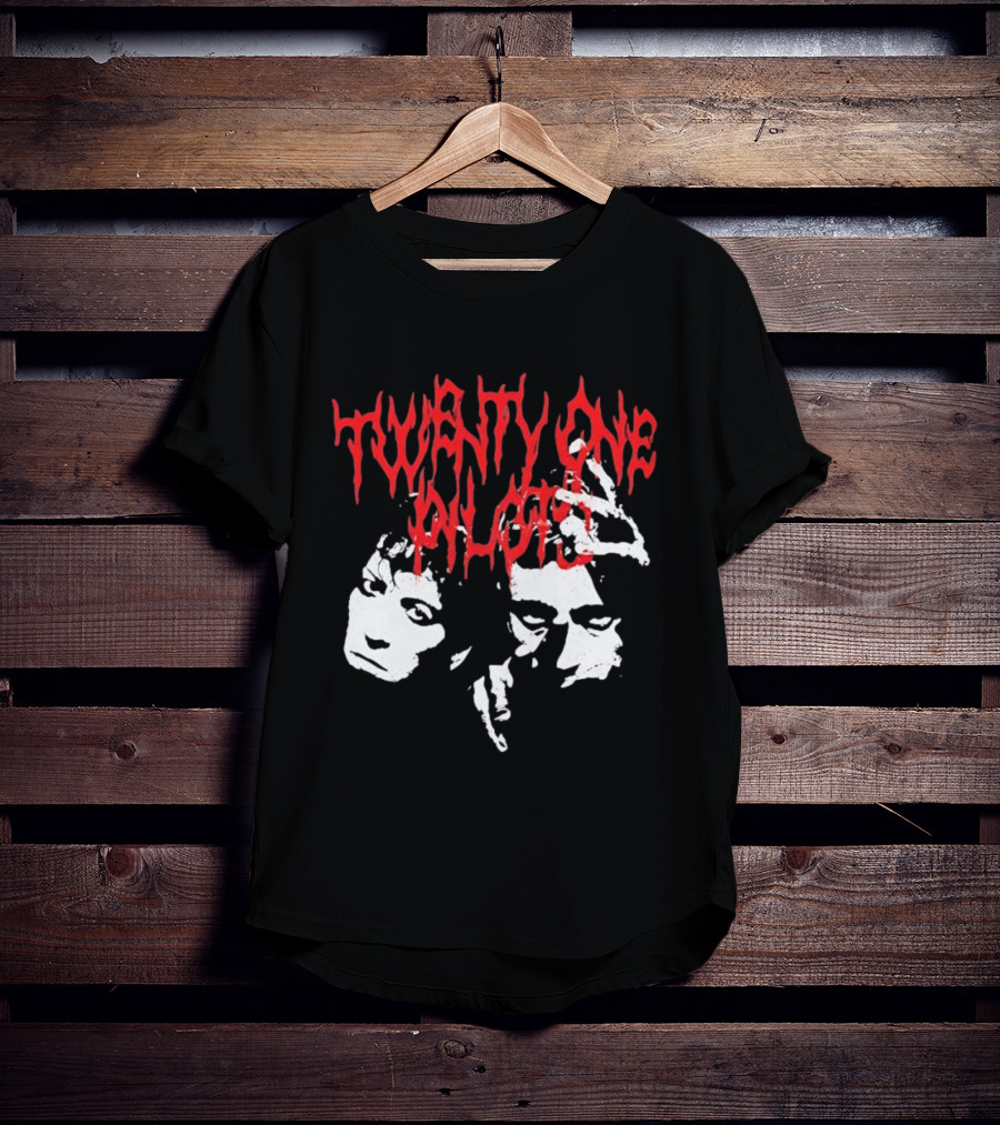 Twenty One Pilots Red Text Band Members Faces Dark Metal T-Shirt