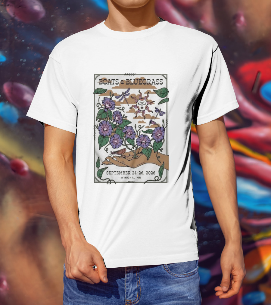 Boats And Bluegrass Winona MN September 24 26 2026 Sun Dragonflies Flowers Music Festival T-Shirt