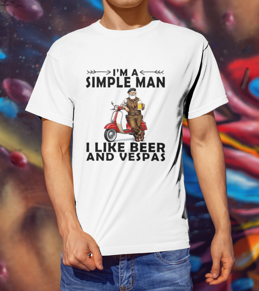 I'm A Simple Man I Like Beer And Vespas Man With Beer And Scooter T-Shirt