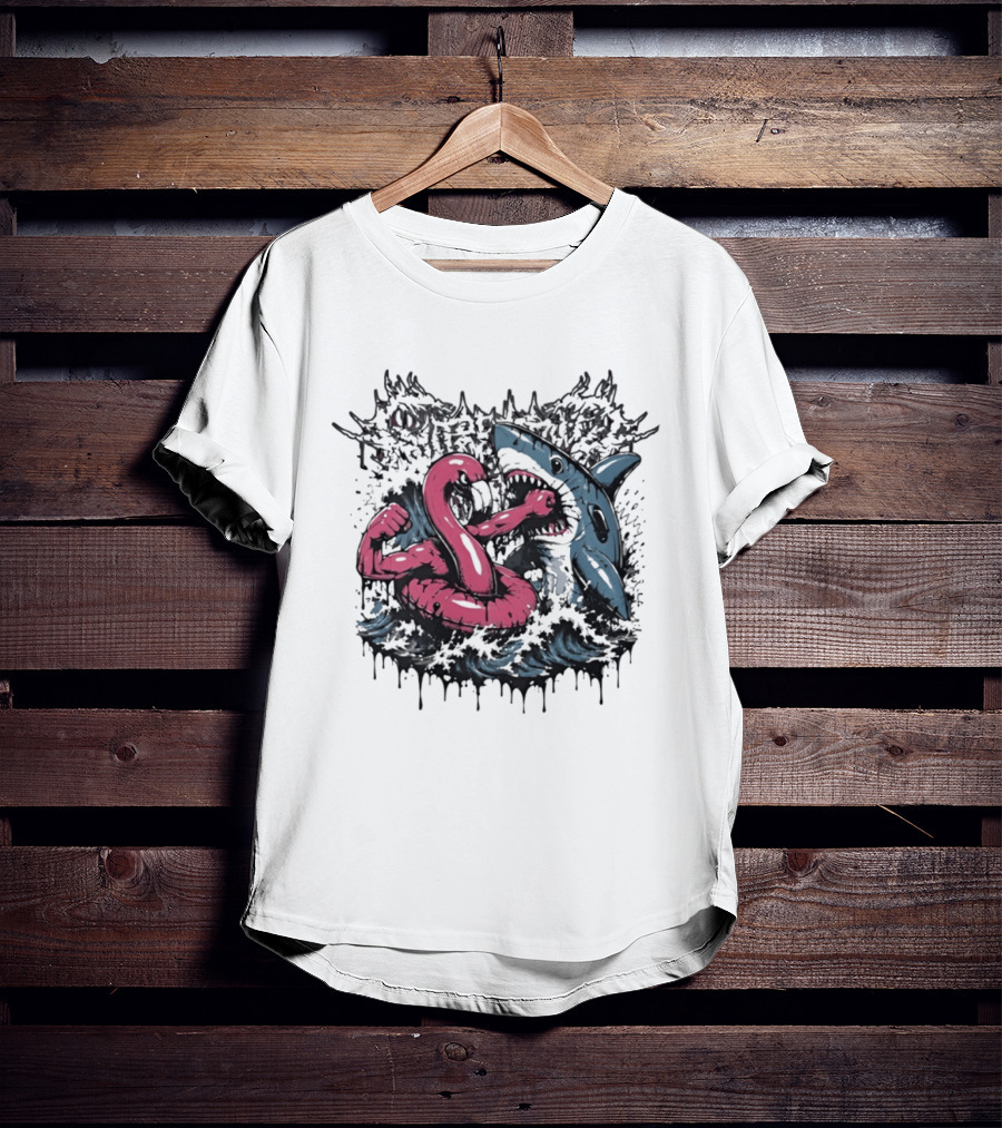 Flamingo Float Shark Fight Waves Duel T-Shirt