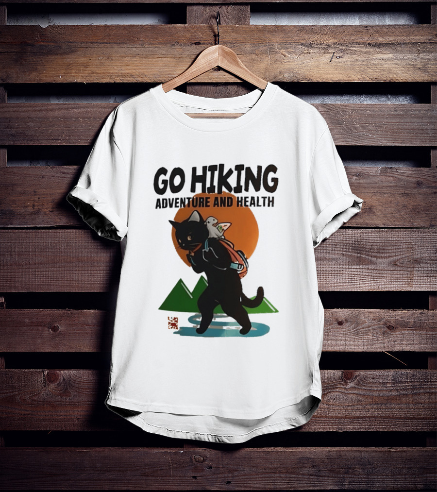 Go Hiking Adventure And Health Black Cat With Backpack And Bird T-Shirt