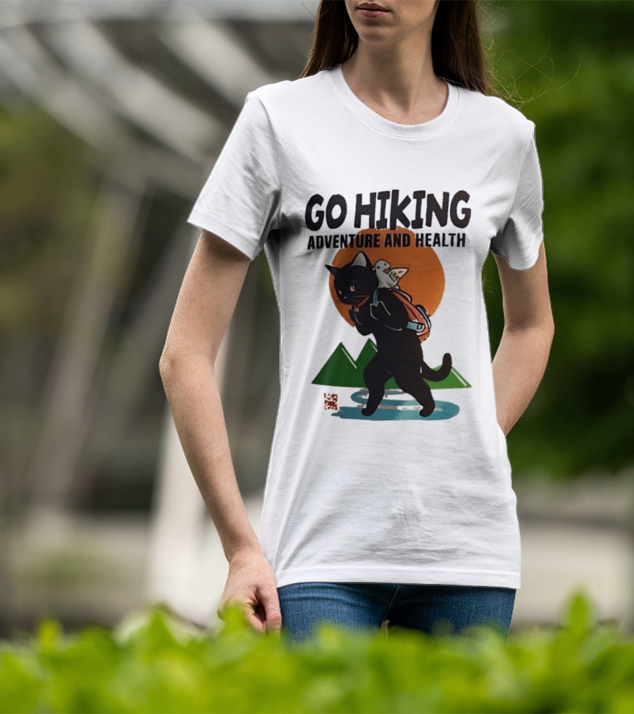 Go Hiking Adventure And Health Black Cat With Backpack And Bird T-Shirt