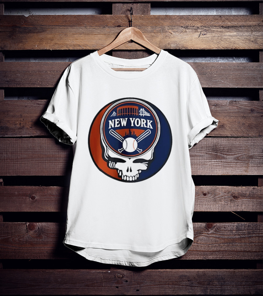New York Mets Grateful Dead Skull Baseball Orange Blue Stadium T-Shirt