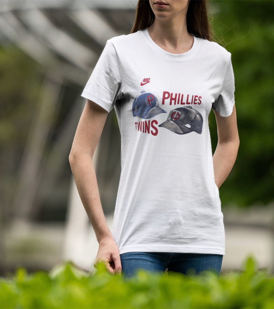 Philadelphia Phillies P Baseball Cap And Minnesota Twins TC Hat Iconic Collaboration With Retro Nike Swoosh T-Shirt