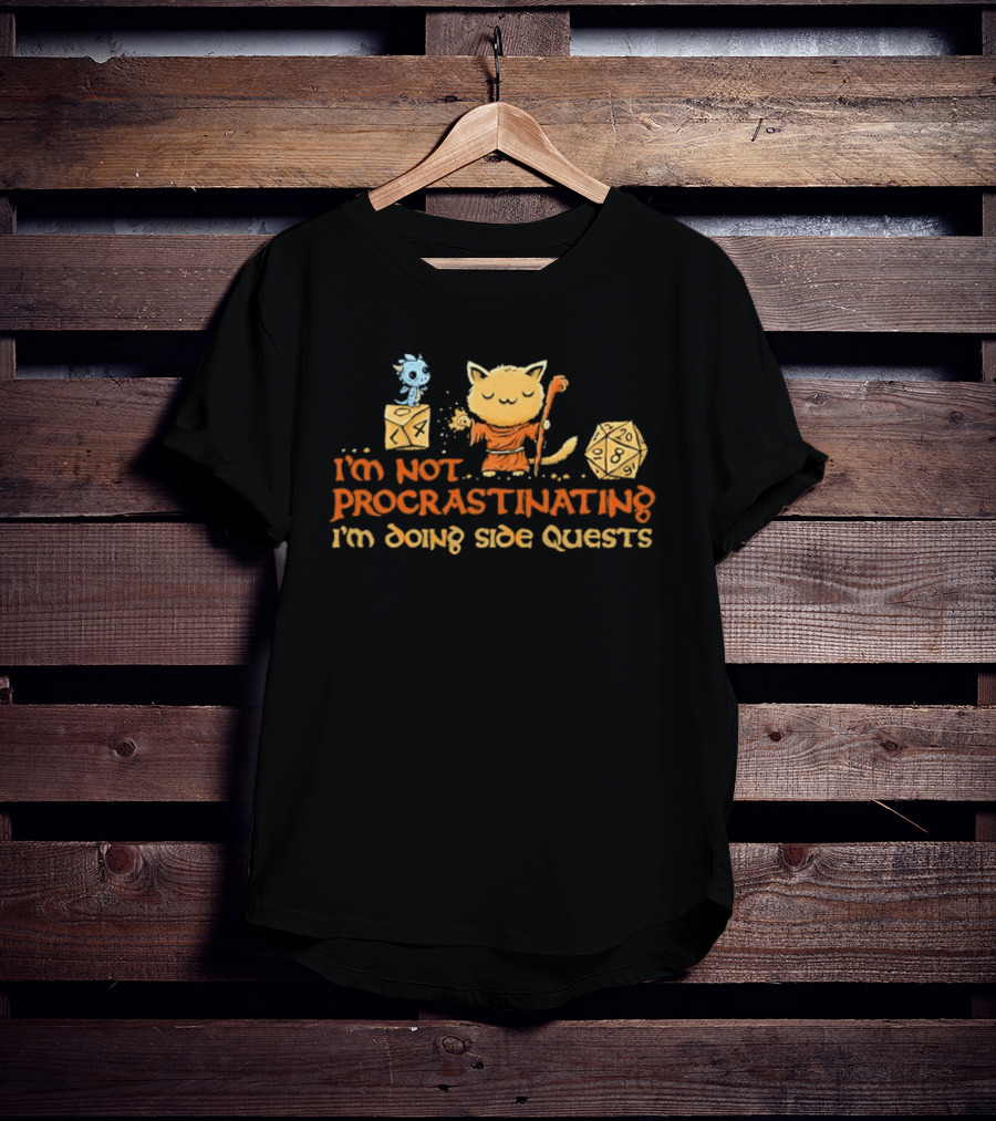 I'm Not Procrastinating I'm Doing Side Quests Cat Wizard Magic Adventure T-Shirt