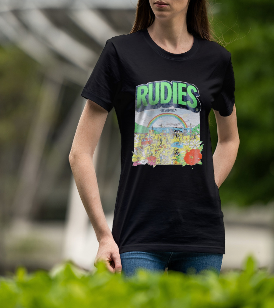 Rudie's 35th Anniversary Local Party Featuring 10 Feet G Freak Factory Dustboz Colorful Celebration With Rainbow And Flowers T-Shirt