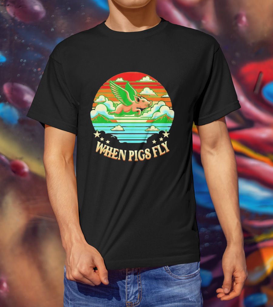 When Pigs Fly Flying Pig Whimsical Clouds And Stars T-Shirt