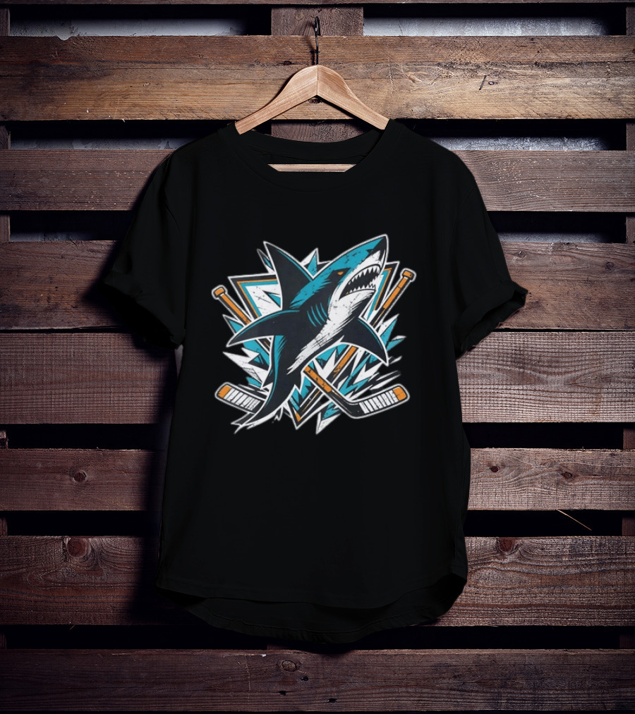San Jose Sharks Hockey Attack Emblem With Shark And Crossed Hockey Sticks T-Shirt