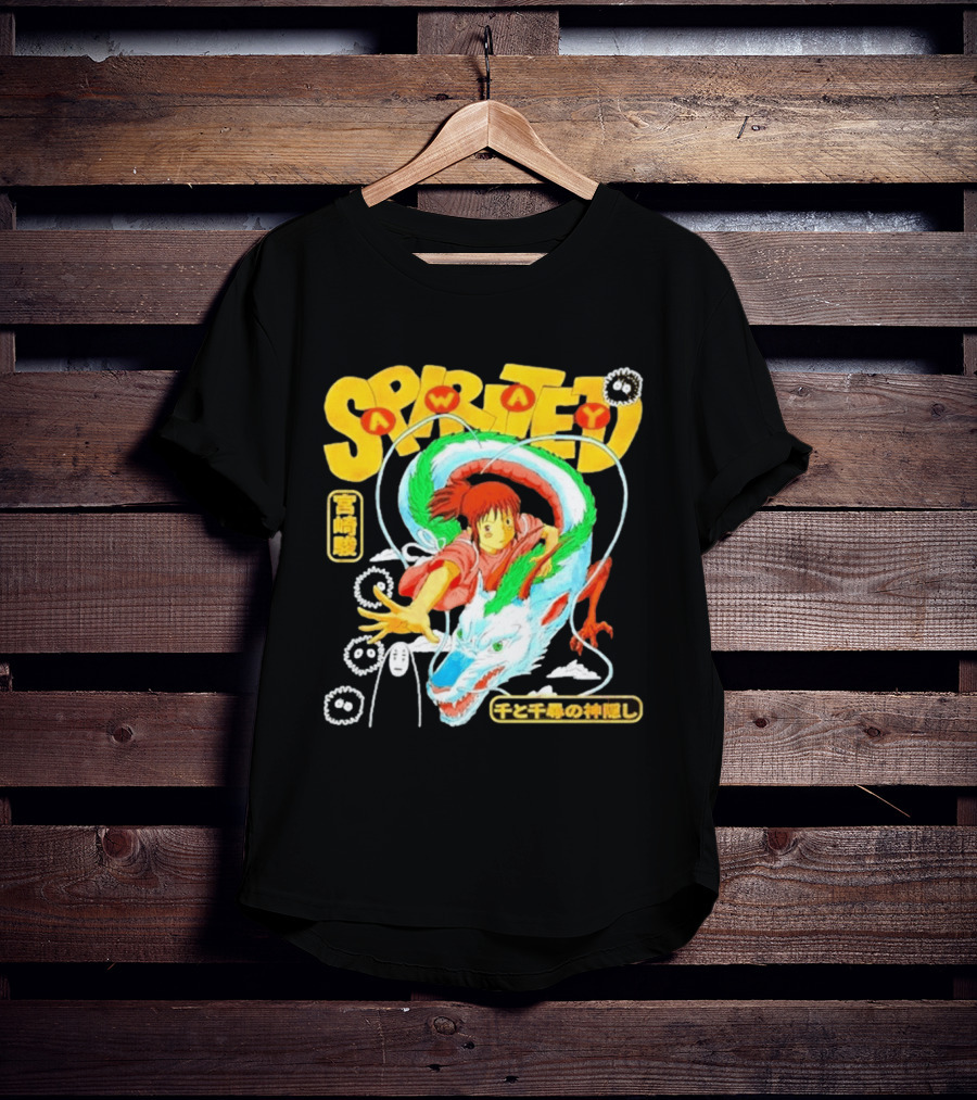 Spirited Away Chihiro Riding Haku Dragon Japanese Text No Face Soot Sprites T-Shirt
