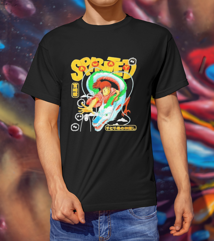Spirited Away Chihiro Riding Haku Dragon Japanese Text No Face Soot Sprites T-Shirt