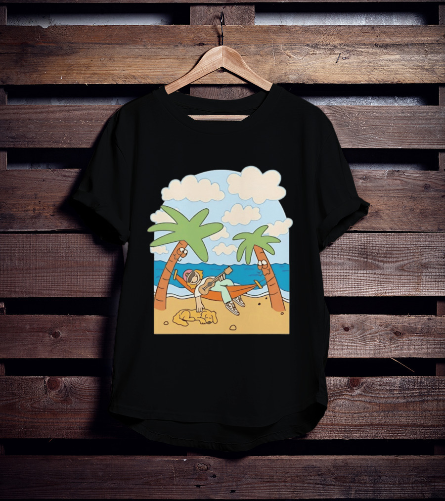 Hammock Guitar Player With Sleeping Dog On Tropical Beach Scene T-Shirt