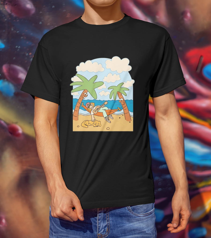 Hammock Guitar Player With Sleeping Dog On Tropical Beach Scene T-Shirt