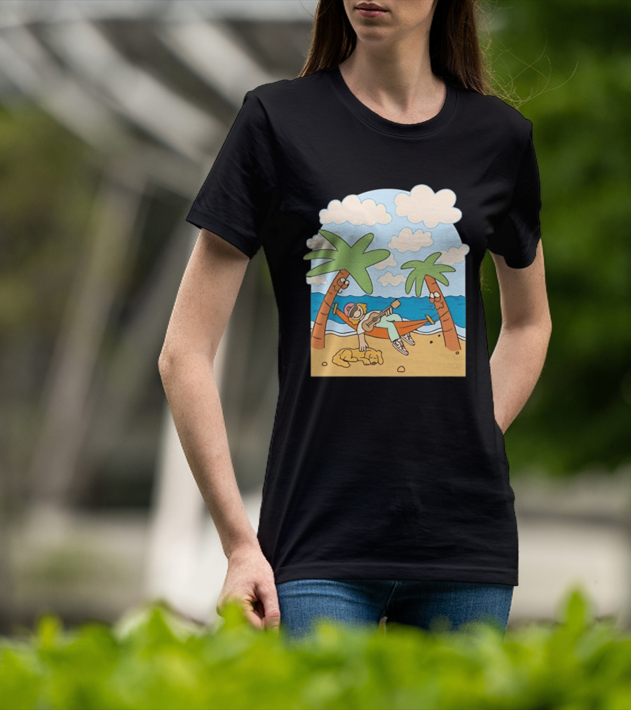 Hammock Guitar Player With Sleeping Dog On Tropical Beach Scene T-Shirt