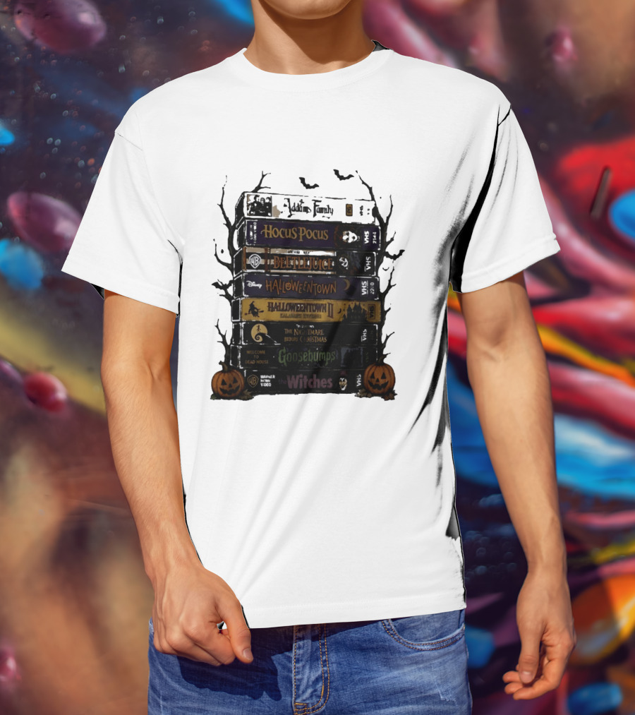 The Addams Family Hocus Pocus Beetlejuice Halloweentown Halloween II The Nightmare Before Christmas Goosebumps The Witches VHS Stack T-Shirt
