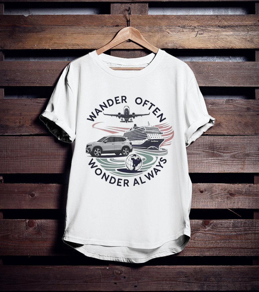 Wander Often Wonder Always Plane Car Ship Travel Adventure T-Shirt