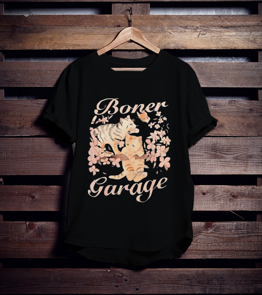 Boner Garage Cats Cherry Blossoms And Butterfly T-Shirt