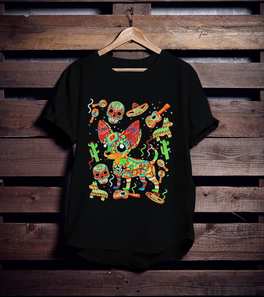 Fiesta Chihuahua Mexican Dia De Los Muertos Colorful Skull Sombrero Cactus Dog T-Shirt