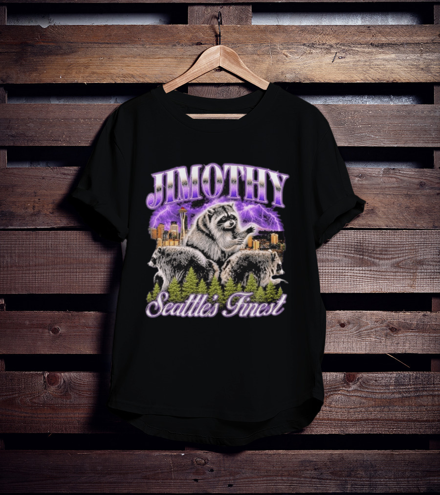 Jimothy Raccoon Seattle's Finest Purple Lightning Skyline And Forest T-Shirt
