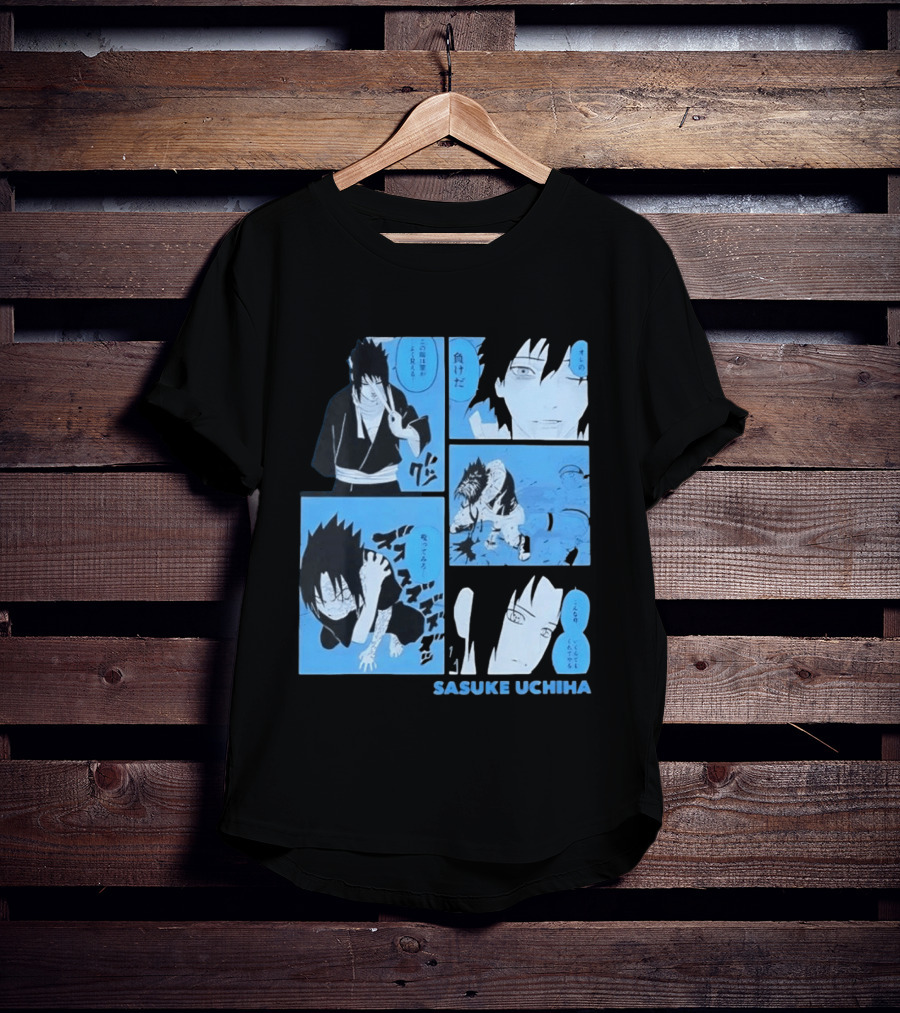 Sasuke Uchiha Cursed Seal Battle Manga Panels Blue Version T-Shirt