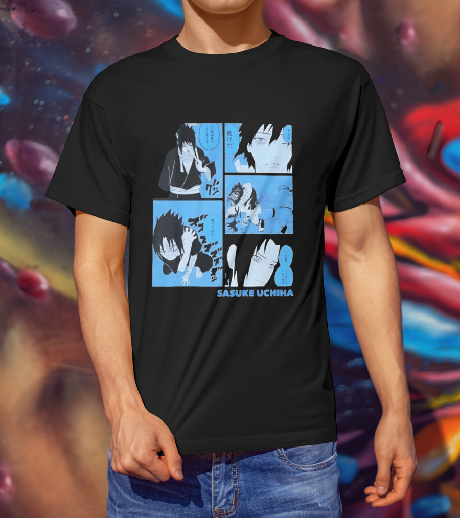 Sasuke Uchiha Cursed Seal Battle Manga Panels Blue Version T-Shirt