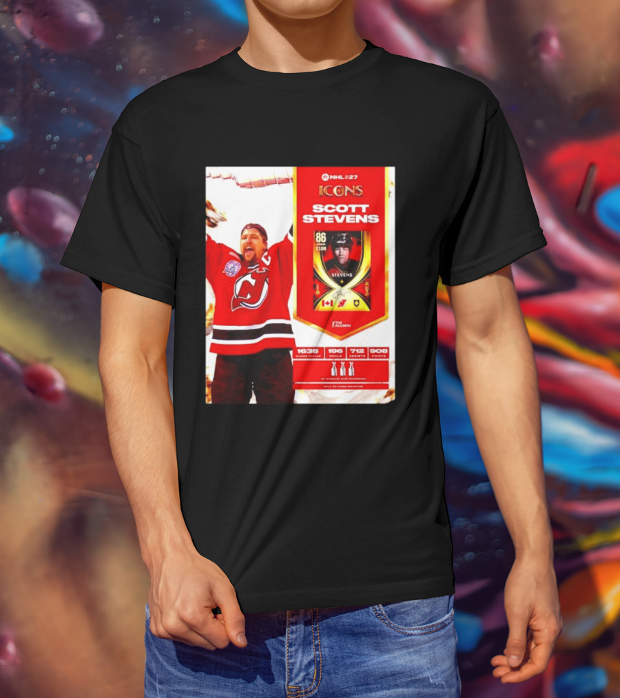 NHL 27 Icons Scott Stevens New Jersey Devils Hall Of Fame Legend T-Shirt