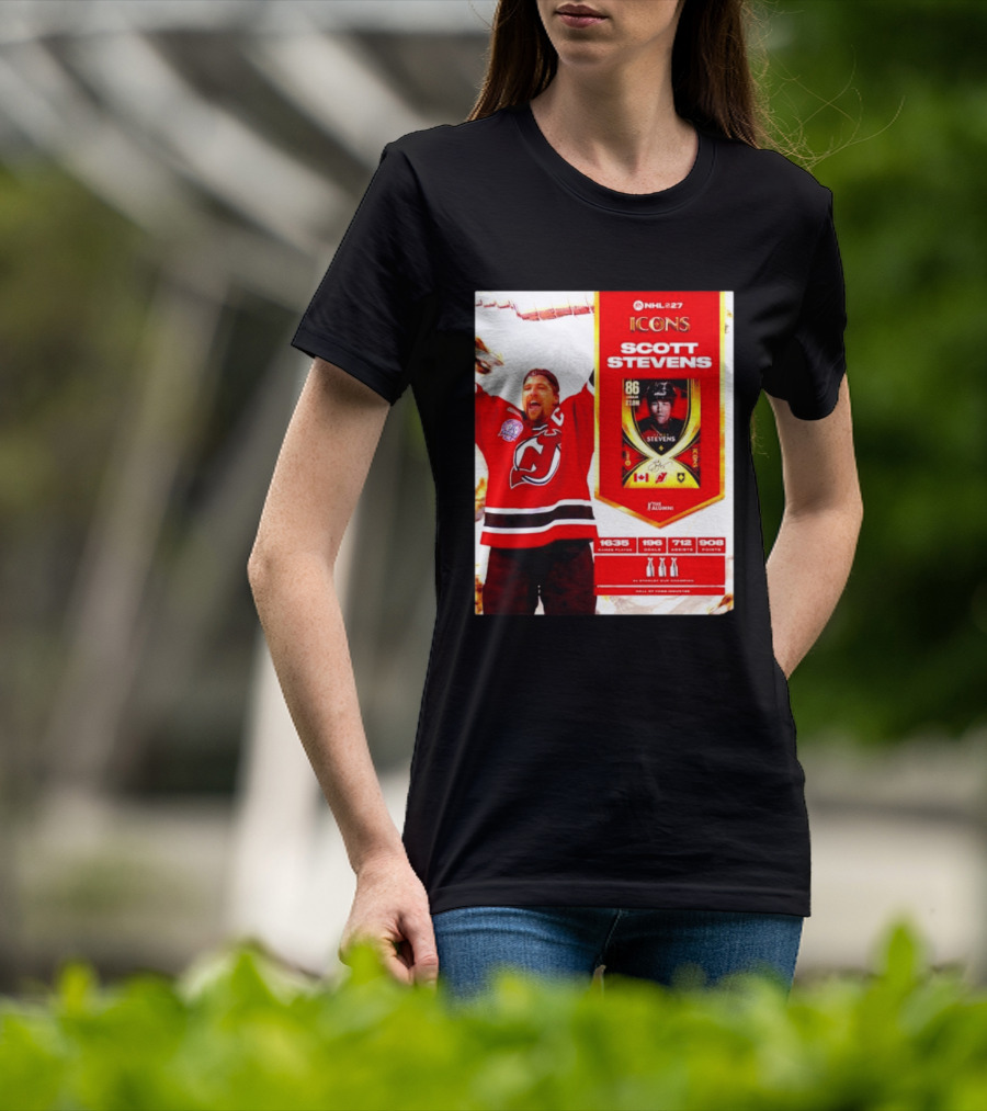 NHL 27 Icons Scott Stevens New Jersey Devils Hall Of Fame Legend T-Shirt