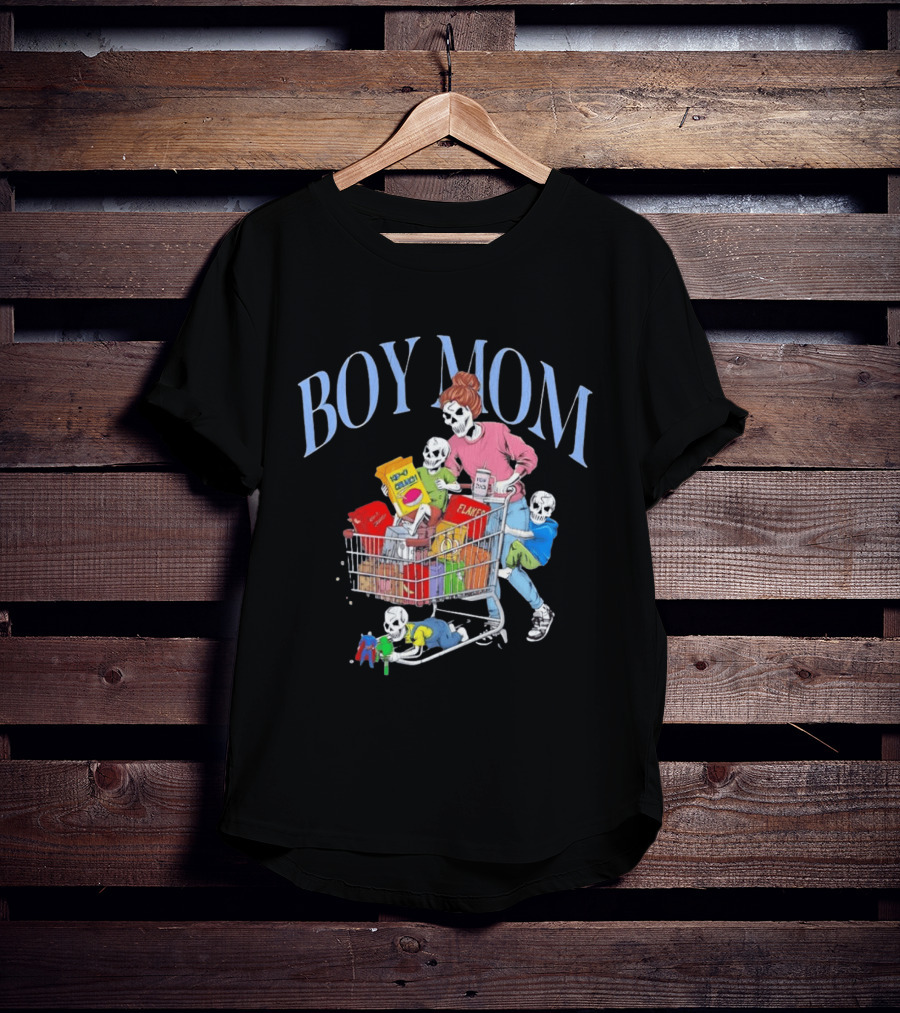 Boy Mom Skeleton With Kids Pushing Shopping Cart Eating Cereal T-Shirt