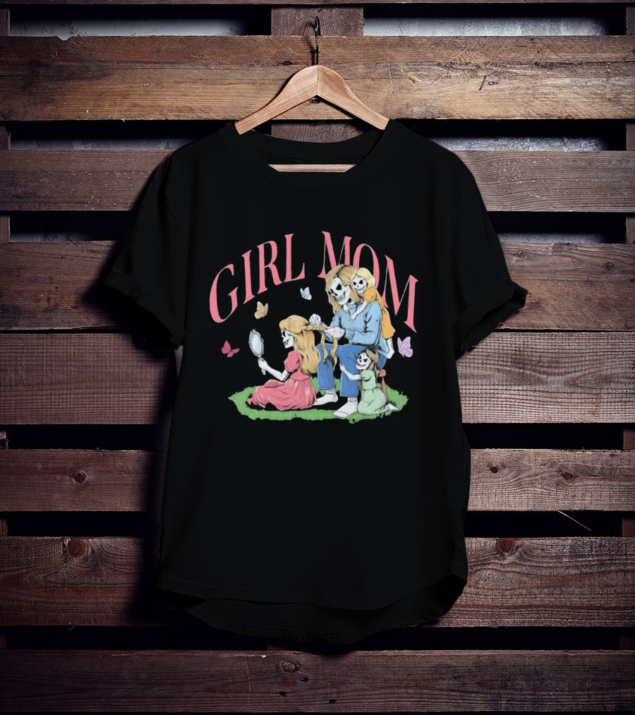 Girl Mom Skeleton Mother Braiding Hair With Daughters And Butterflies T-Shirt