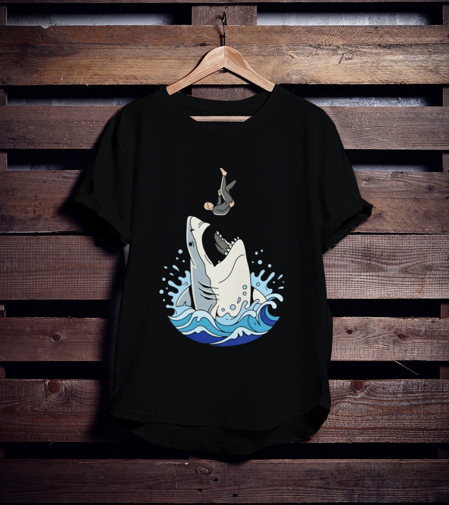 Great White Shark Surfer Falling Water Splash Scene T-Shirt