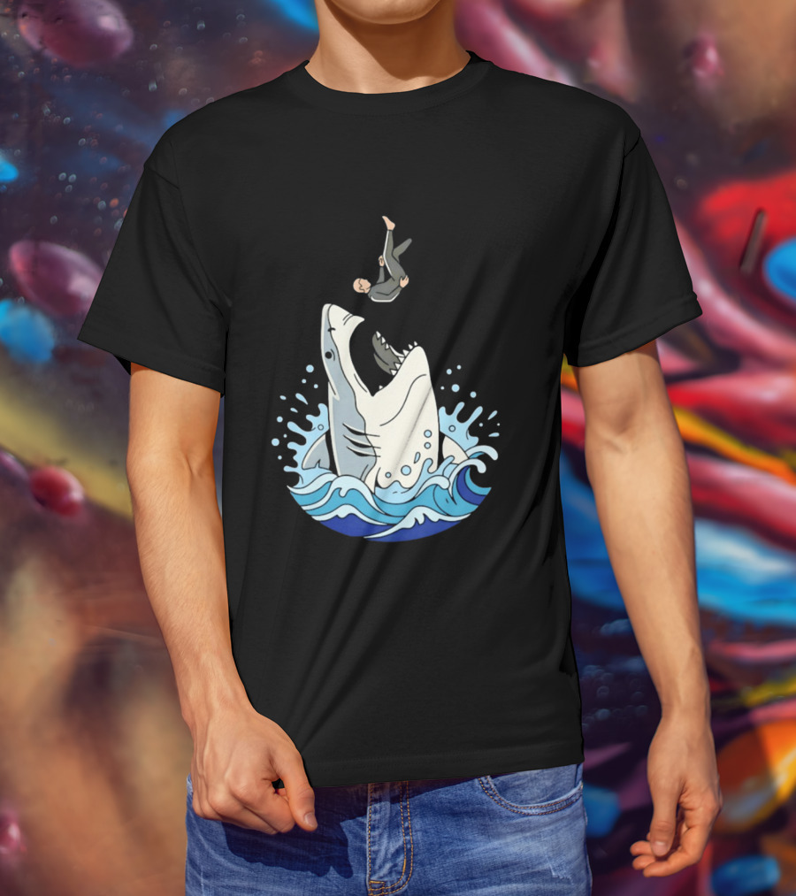 Great White Shark Surfer Falling Water Splash Scene T-Shirt