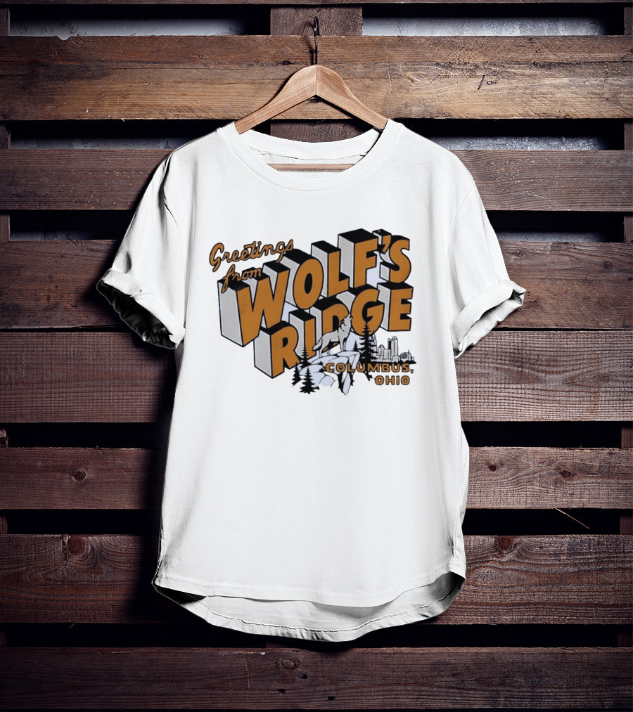 Greetings From Wolf's Ridge Columbus Ohio Wolf And Skyline Scene T-Shirt