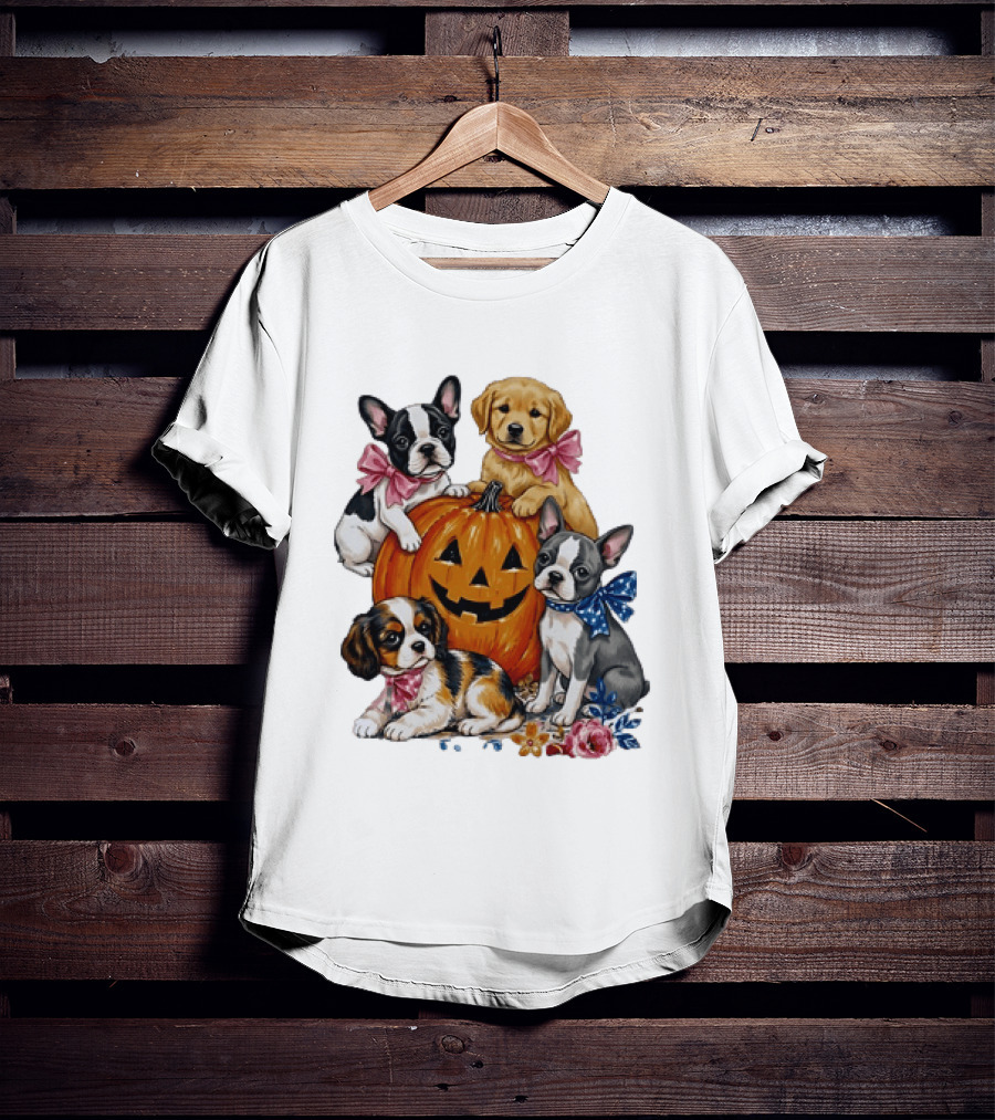 Puppies With Pink And Blue Bows Jack O' Lantern Pumpkin Halloween T-Shirt