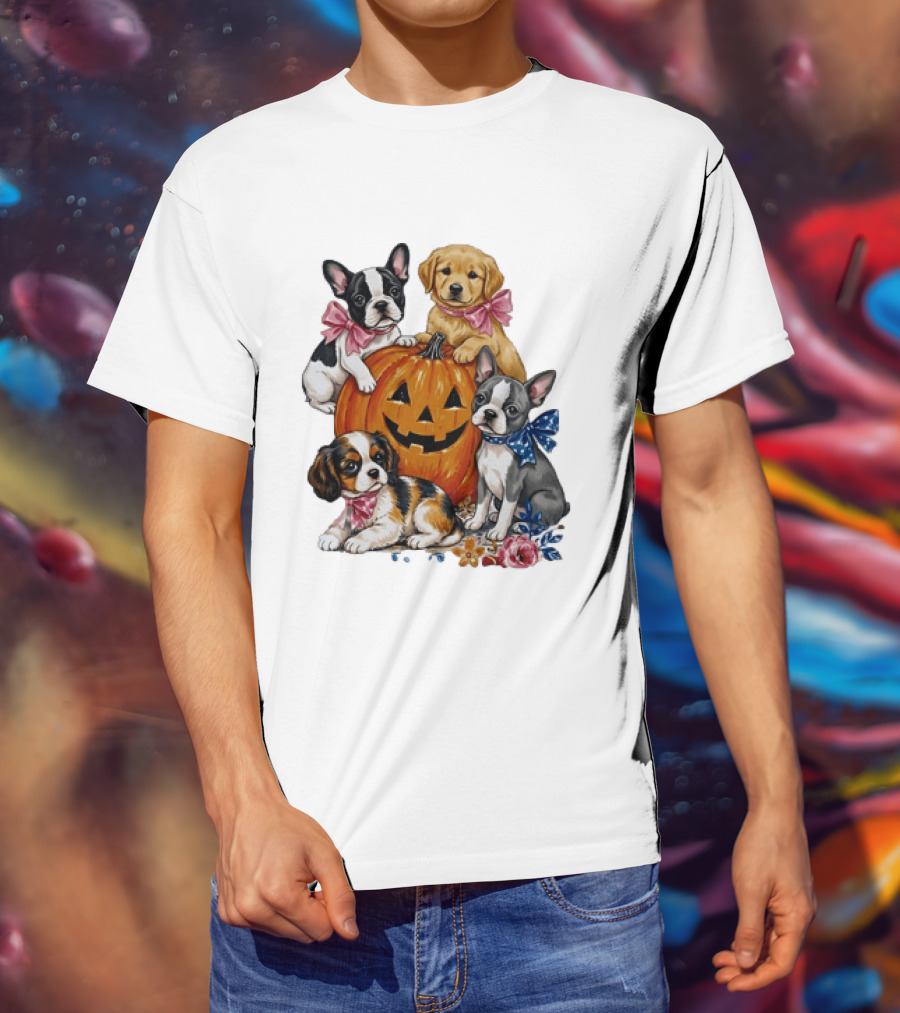 Puppies With Pink And Blue Bows Jack O' Lantern Pumpkin Halloween T-Shirt