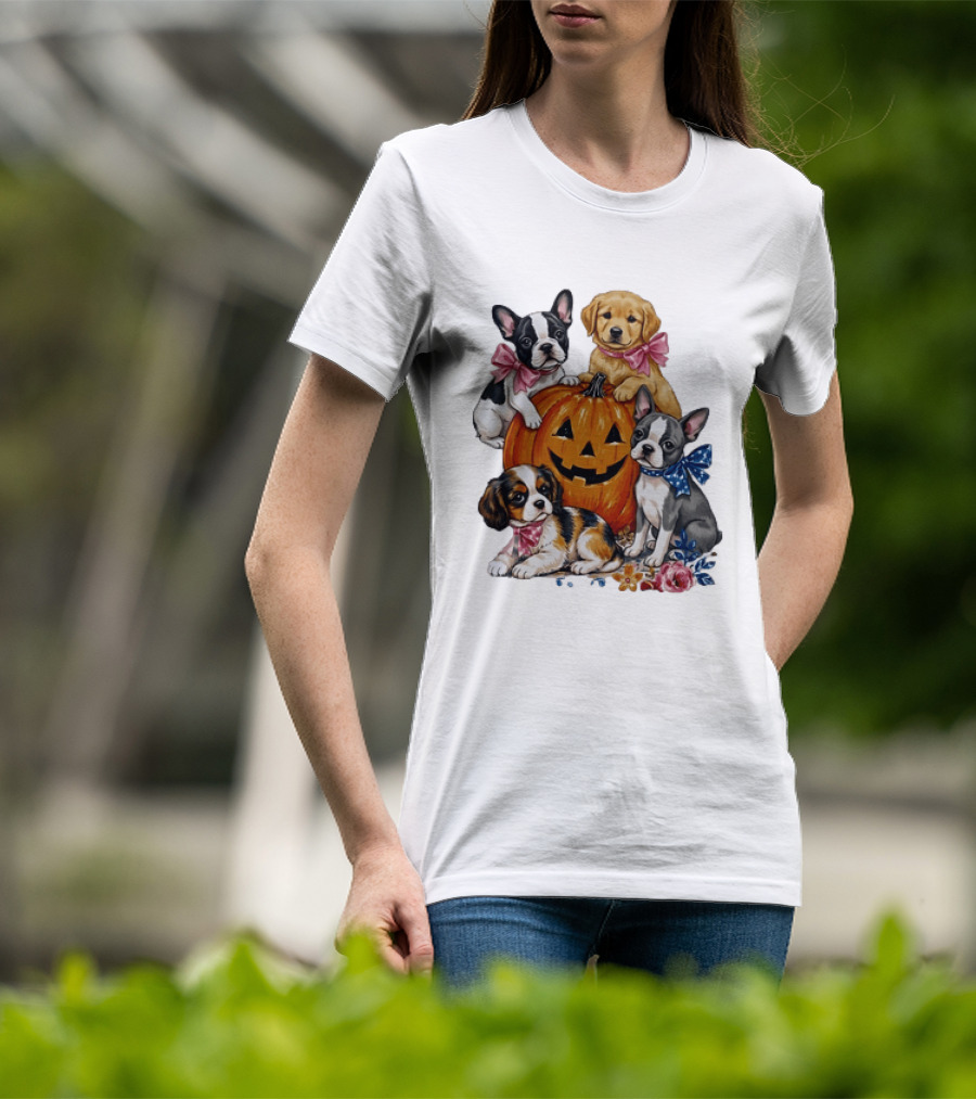 Puppies With Pink And Blue Bows Jack O' Lantern Pumpkin Halloween T-Shirt